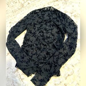 Zara FLOCKED TULLE Semi-sheer longsleeves top XS Black Matching velvet fabric.